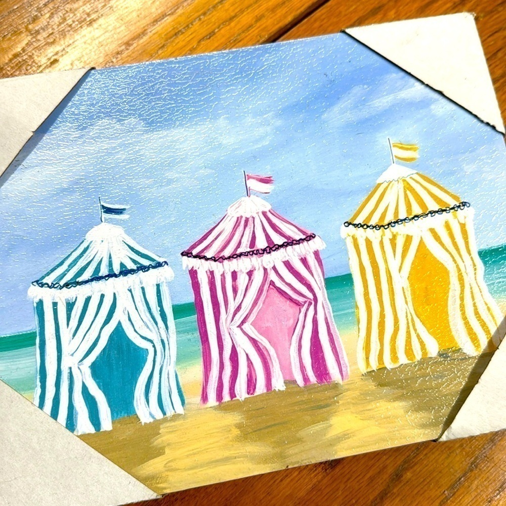 Beachside cabana painting wall hang blue sky sands beach front decor NEW